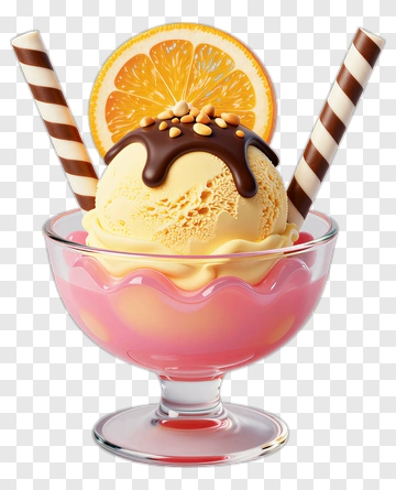 Ice Cream Sundae With Orange Slice And Striped Sticks PNG