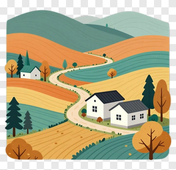 Colorful Countryside Landscape With Rolling Hills And Houses PNG