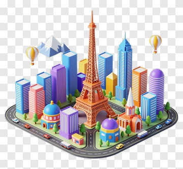 Colorful Cityscape With Eiffel Tower And Hot Air Balloons PNG