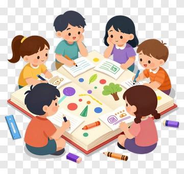 Children Engaging In Creative Activities Around A Large Book PNG