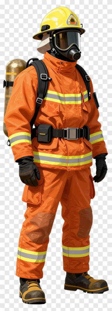 Firefighter In Orange Protective Gear PNG