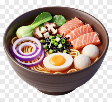 Ramen Bowl With Salmon And Vegetables PNG