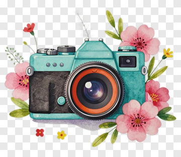Watercolor Camera Surrounded By Flowers PNG