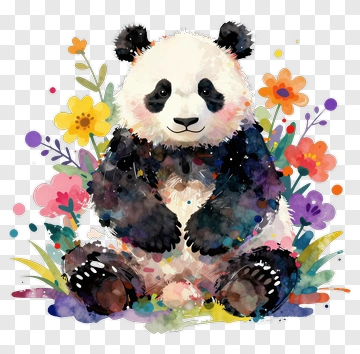Watercolor Panda Sitting Among Flowers PNG