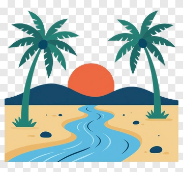 Tropical Beach Scene With Palm Trees And Sunset PNG
