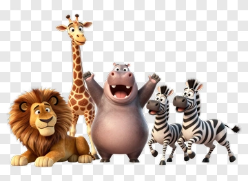 Cartoon Animal Group With Lion, Giraffe, Hippo, And Zebras PNG