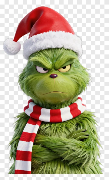 Grinch Wearing A Santa Hat And Striped Scarf PNG
