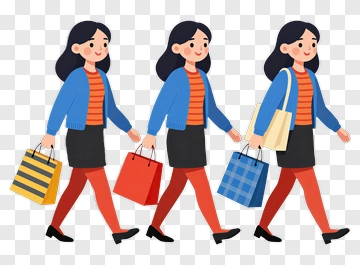 Cartoon Woman Walking With Shopping Bags PNG