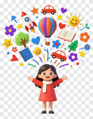 Happy Girl Surrounded By Colorful Icons PNG