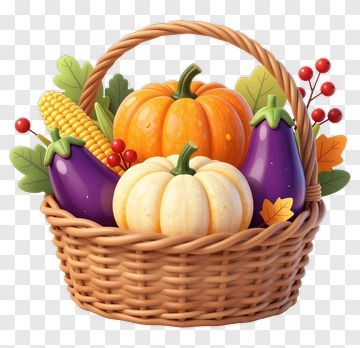 Harvest Basket With Pumpkins And Vegetables PNG