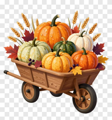 Colorful Pumpkin Cart With Autumn Leaves PNG