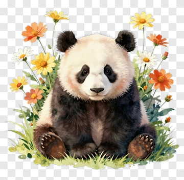 Cute Panda Surrounded By Colorful Flowers PNG