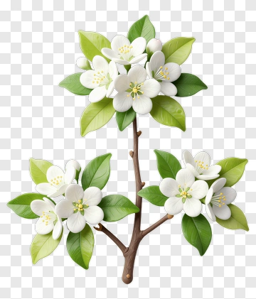 Flowering Branch With White Blossoms And Green Leaves PNG