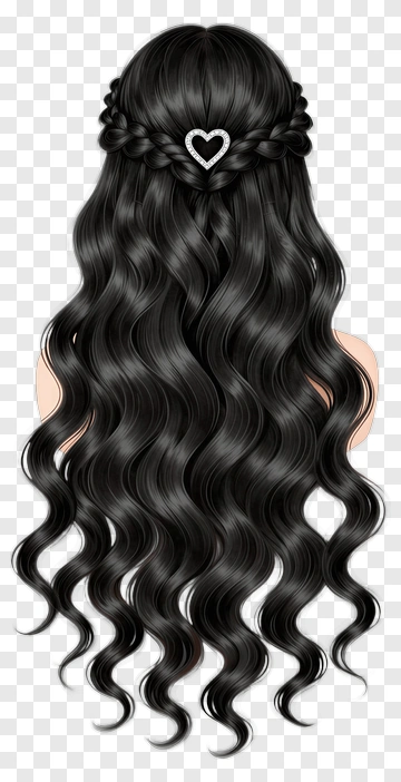 Long Black Wavy Hair With Heart-Shaped Accessory PNG