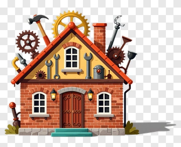 Cartoon House With Tools And Gears PNG