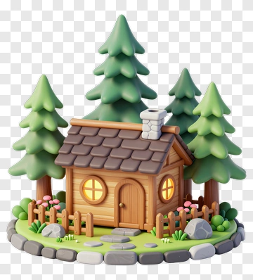 3D Cottage Surrounded By Pine Trees PNG
