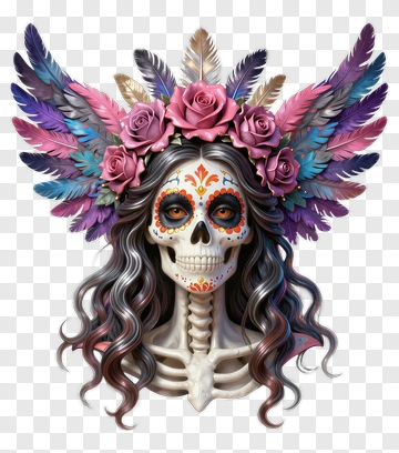 Colorful Skull With Floral Headdress PNG