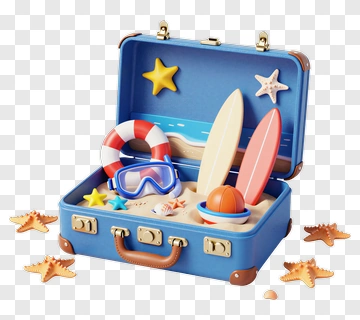Colorful Beach Suitcase With Surfboards And Beach Toys PNG