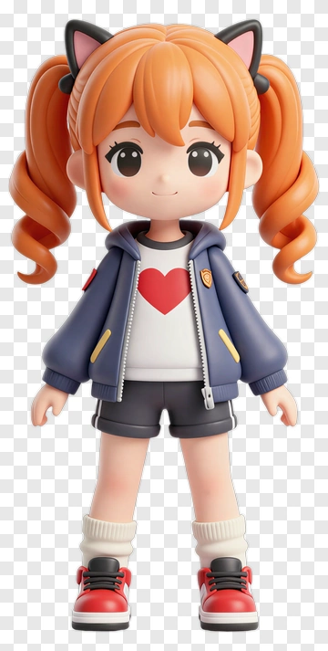 3D Girl Character With Cat Ears And Heart Design PNG