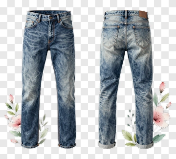 Blue Denim Jeans With Floral Accents PNG