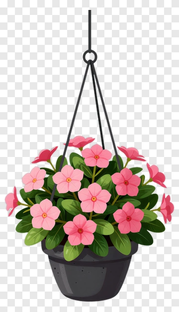 Hanging Flower Pot With Pink Flowers PNG