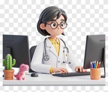 3D Doctor Working At A Computer Desk PNG