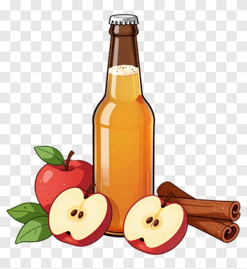 Apple Cider Bottle With Slices And Cinnamon Sticks PNG