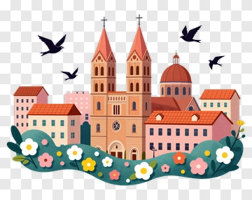 Colorful Cityscape With Flowers And Birds PNG