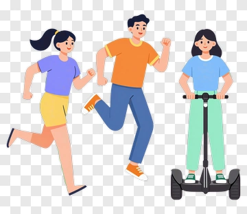 Group Of Friends Running And Riding A Scooter PNG