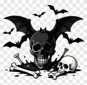 Halloween Skull With Bats And Bones PNG