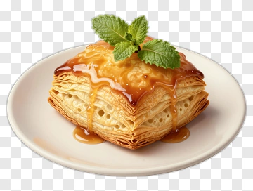Delicious Pastry With Caramel And Mint Leaves PNG