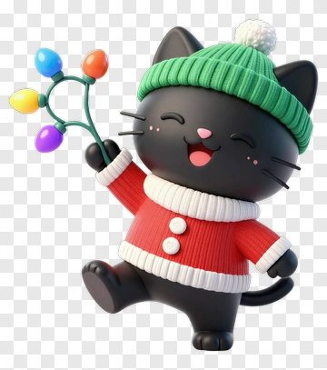 Cartoon Cat Holding Colorful Christmas Lights PNG