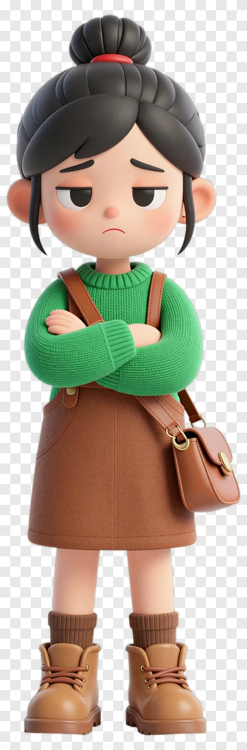 Cartoon Girl With Brown Skirt And Green Sweater PNG