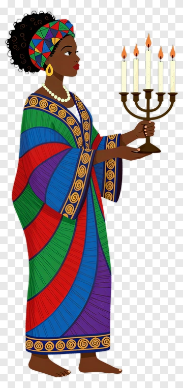 Woman Holding A Menorah In Colorful Traditional Attire PNG