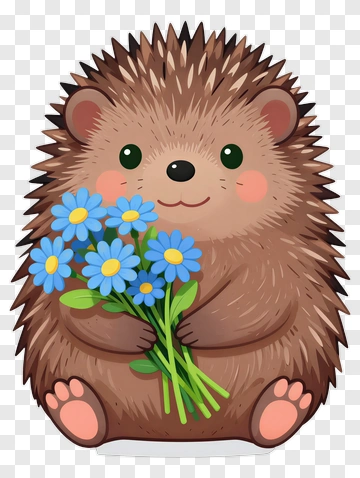 Cartoon Hedgehog Holding A Bouquet Of Flowers PNG
