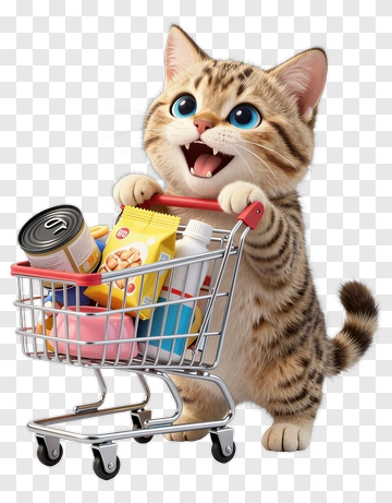 Happy Cat With A Shopping Cart Full Of Groceries PNG