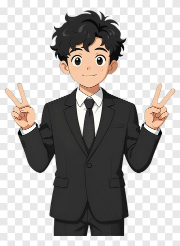 Cartoon Boy In Suit Making Peace Signs PNG