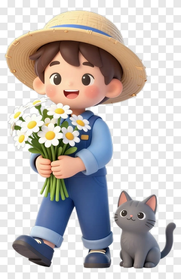 Cartoon Farmer Holding Flowers With A Cat PNG
