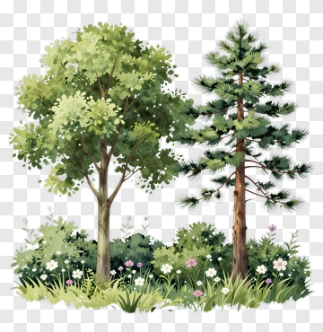 Colorful Tree And Pine Tree In A Garden PNG
