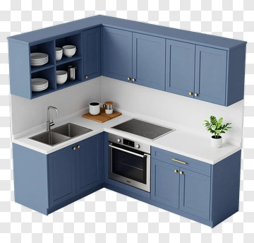 Modern Kitchen With Blue Cabinets And Sink PNG