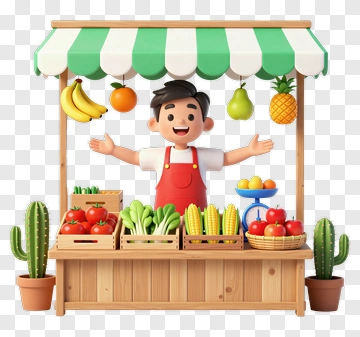 Cartoon Farmer At A Fruit And Vegetable Market PNG