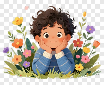 Cartoon Boy Surrounded By Colorful Flowers PNG