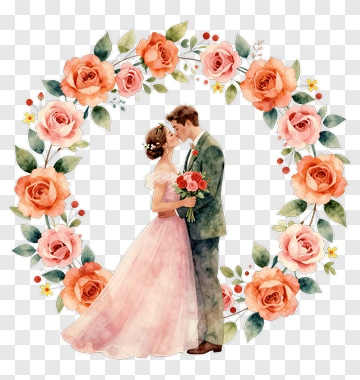 Watercolor Wedding Couple In Floral Wreath PNG