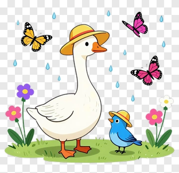 Cartoon Goose And Bluebird In A Flower Garden PNG