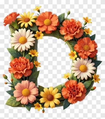 Floral Letter D With Colorful Flowers PNG