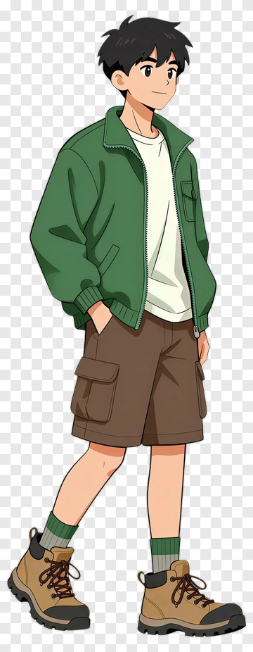 Cartoon Boy In Green Jacket And Brown Shorts PNG