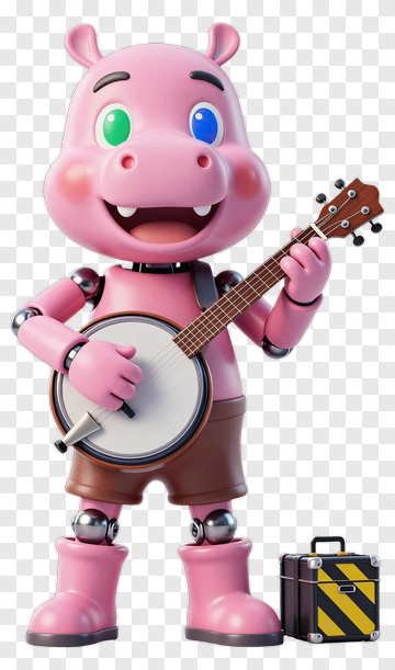 3D Cartoon Hippo Playing A Banjo PNG