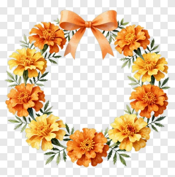 Marigold Flower Wreath With Orange Ribbon PNG