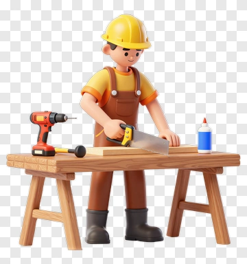 3D Carpenter Using A Saw At A Workbench PNG