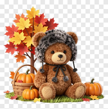 Cartoon Bear Surrounded By Autumn Leaves And Pumpkins PNG